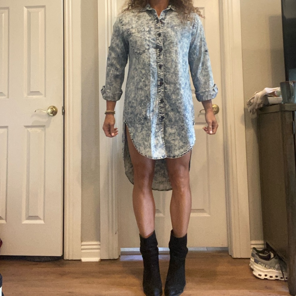 Acid wash denim look button down top